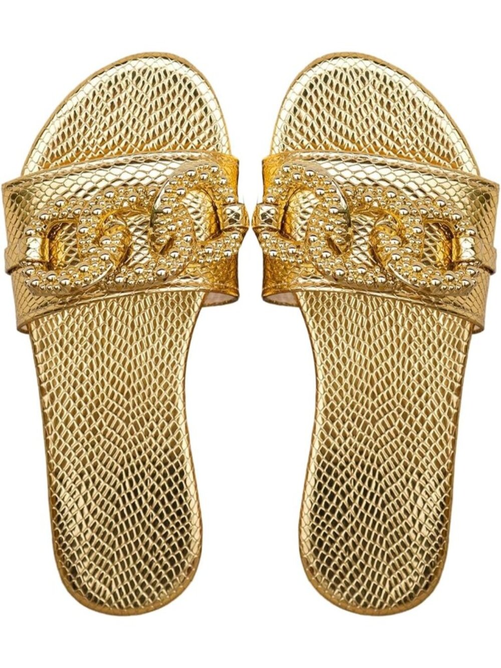 🆕Women's Champagne Gold Chain Crocodile Embossed Sandals Dressy Metallic Flat